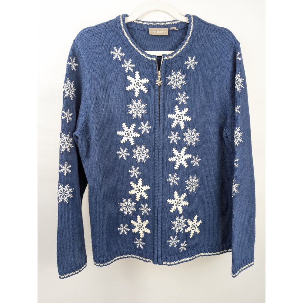 Vintage Y2K Embroidered Snowflake Zip Cardigan Size M Blue Winter Ugly Christmas